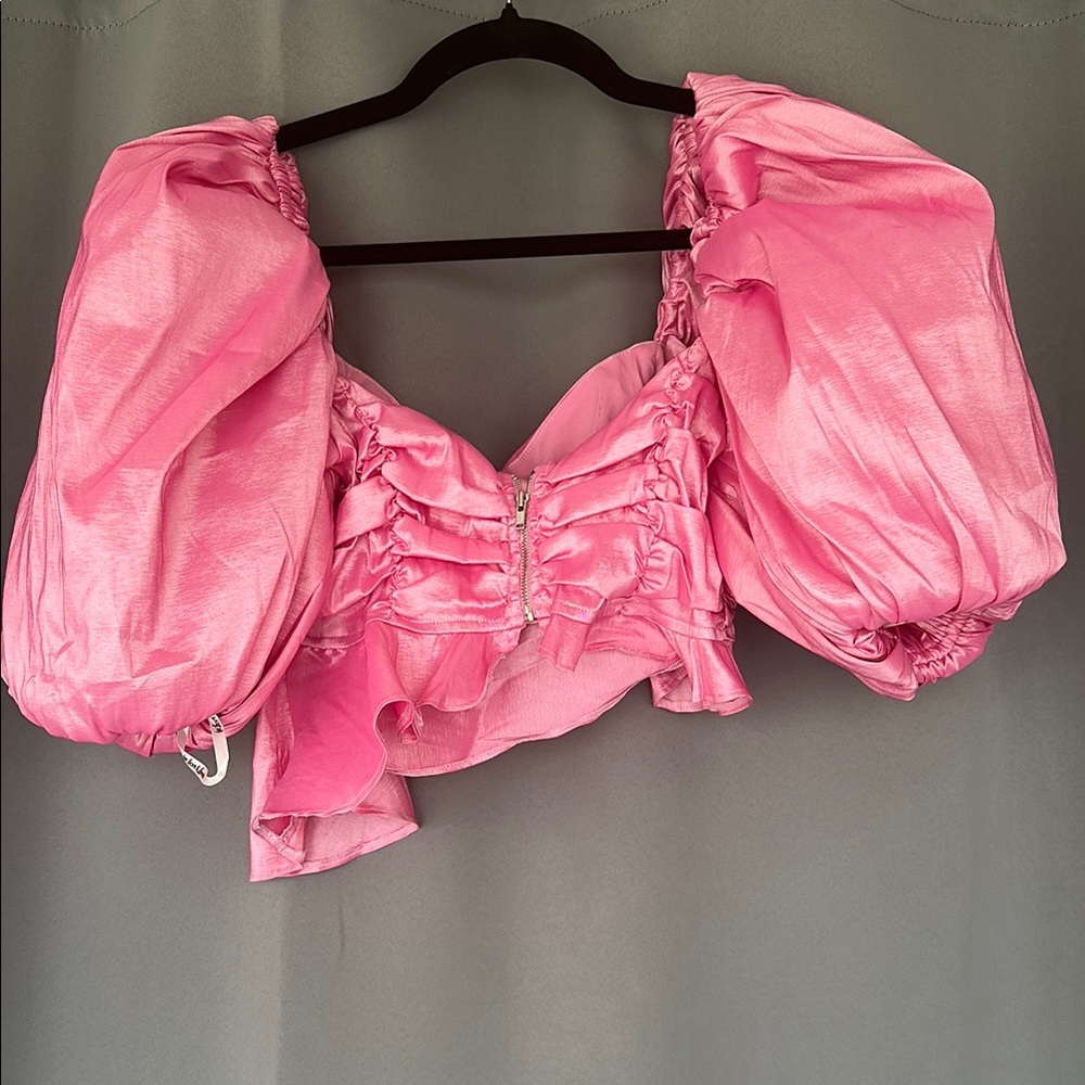 For Love and Lemons Judith Pink Puff Sleeve Crop Top-Size Large - Picture 6 of 11